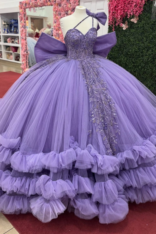 Princess Tulle Ruffled Lilac Quinceanera Dresses Lace Beaded Birthday Party Gowns HE1217