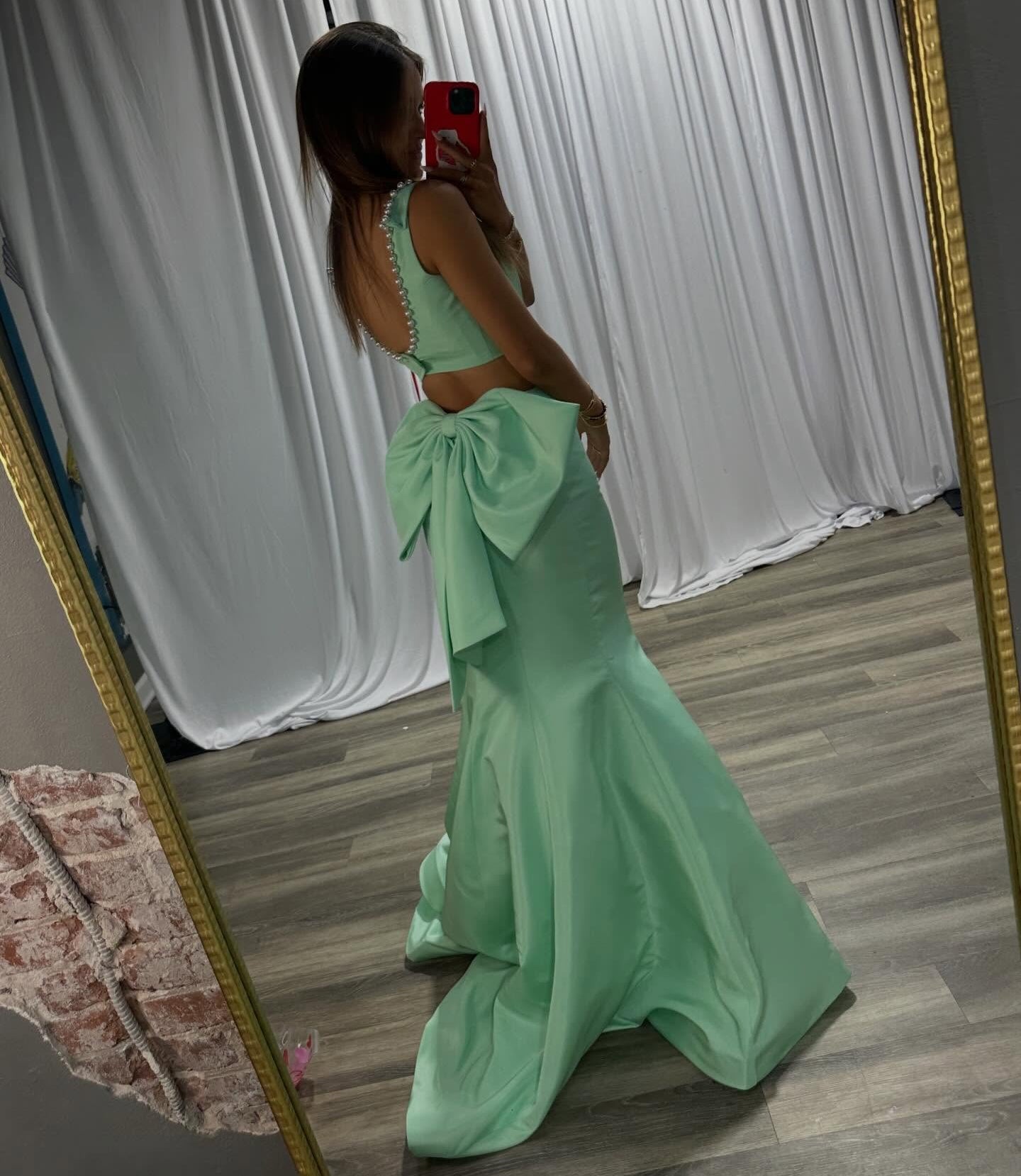 Mermaid Satin Two Pieces Prom Dresses Long Crystal Beaded Evening Gowns for Women HE1379