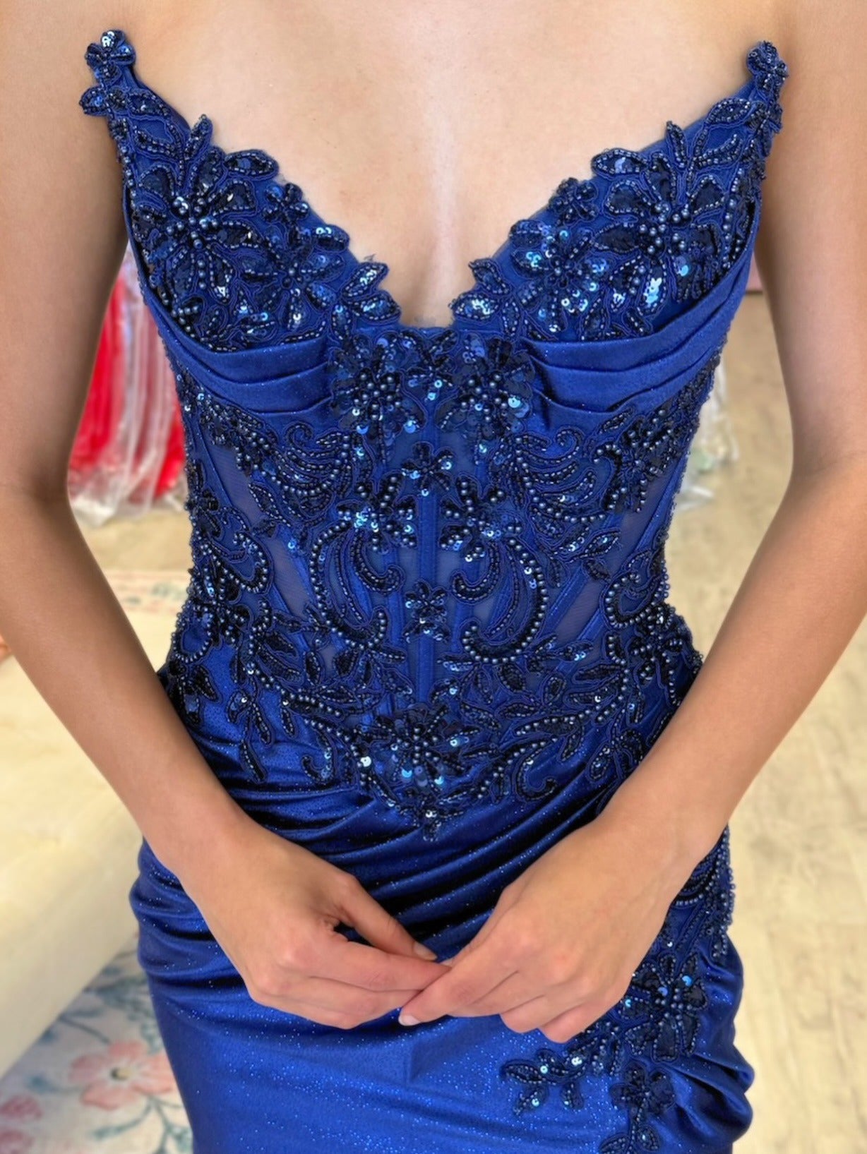 Mermaid Satin Sequin Beaded Prom Dresses Long Sexy V Neck Party Gowns with Slit HE1467