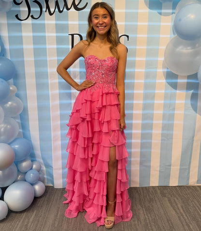 Women's Chiffon Ruffed Prom Dresses Long A Line Lace Appliqued Party Gowns HE1422