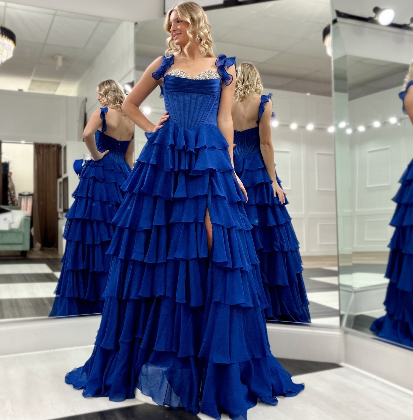 Chiffon Ruffled A Line Prom Dresses with Slit Long Corset Beaded Evening Dress for Women HE1327