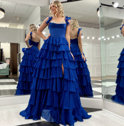 Chiffon Ruffled A Line Prom Dresses with Slit Long Corset Beaded Evening Dress for Women HE1327