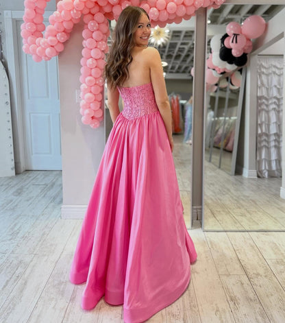 Sweetheart A Line Satin Lace Prom Dresses Long Strapless Evening Party Gown HE1421