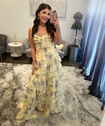 Women's A Line Chiffon Tiered Sweetheart Long Prom Dresses with Floral Print HE1470