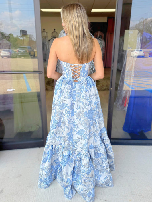 Sweetheart A Line Satin Prom Dresses Long for Women Floral Print Evening Party Gowns HE1368