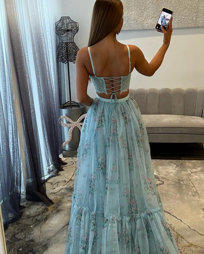 Sweetheart Floral Print Prom Dresses Long A Line Flower Evening Dress for Women HE1326