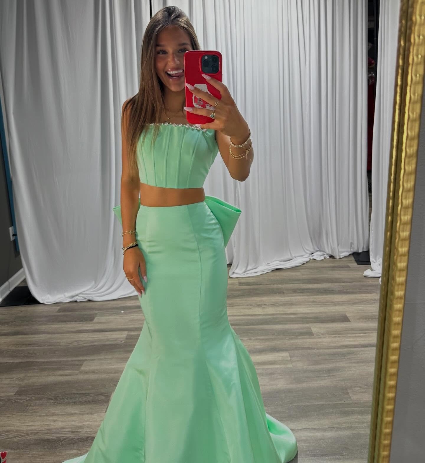 Mermaid Satin Two Pieces Prom Dresses Long Crystal Beaded Evening Gowns for Women HE1379