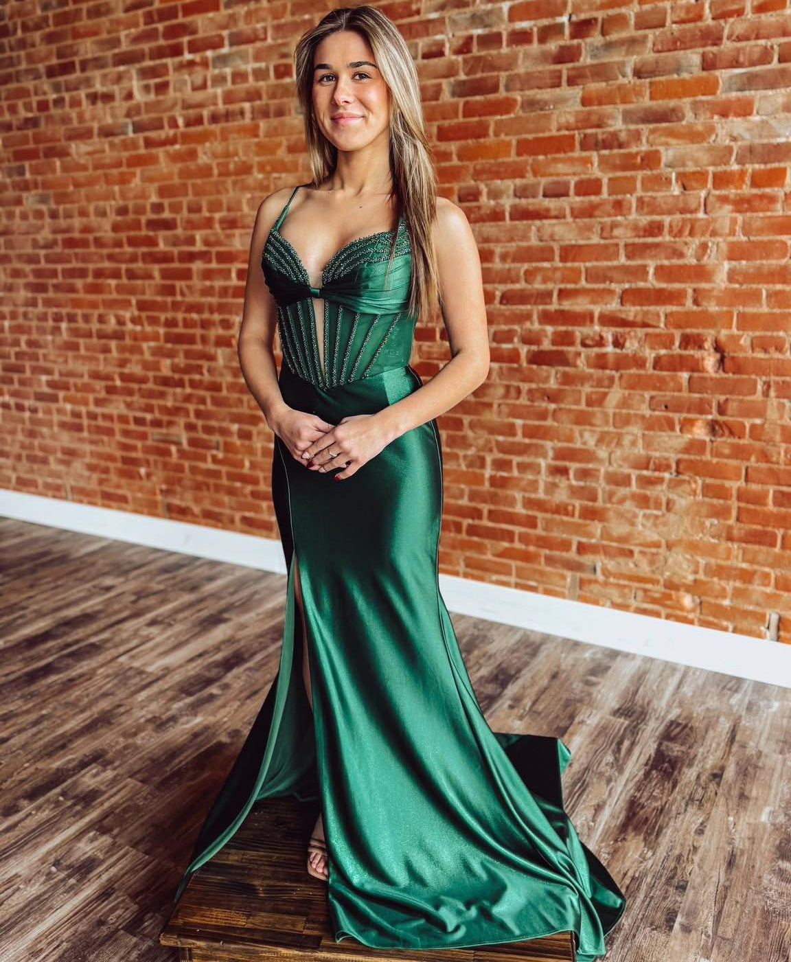 Mermaid Satin Crystal Beaded Corset Prom Dresses Long with Spaghetti Straps HE1475