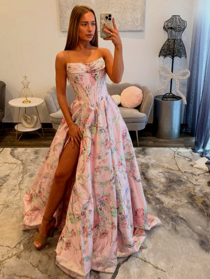 Women's A Line Satin Floral Print Prom Dresses Sweetheart Long Party Gowns with Slit HE1420