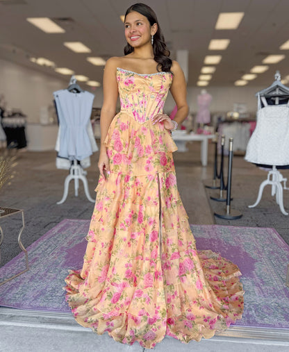 Women's Satin Tiered Long Prom Dresses Sweetheart Floral Corset Crystal Evening Party Gowns HE1377