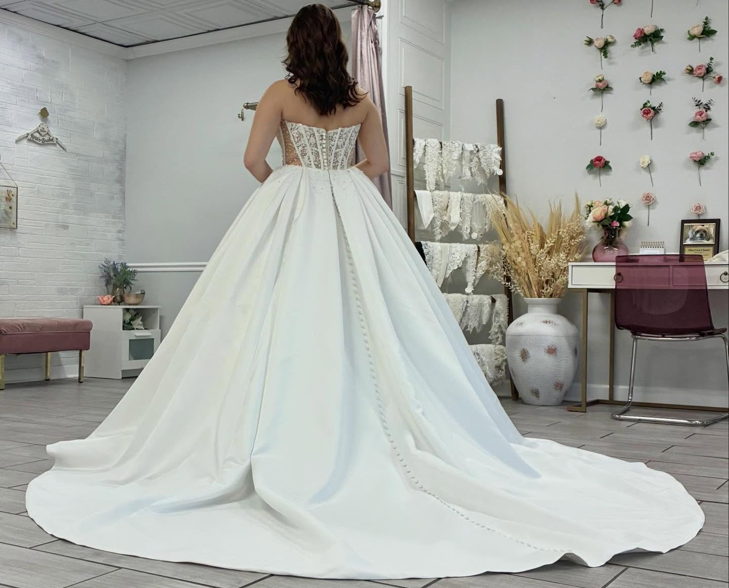 A Line Satin Lace Appliqued Wedding Dresses Strapless Boho Wedding Gowns HE1429