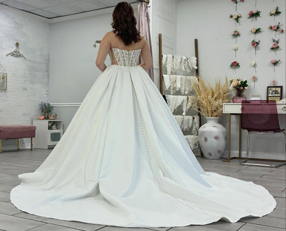 A Line Satin Lace Appliqued Wedding Dresses Strapless Boho Wedding Gowns HE1429