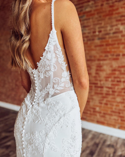 Mermaid Satin Lace Wedding Dresses Boho Appliqued Bride Wedding Gowns for Women HE1334