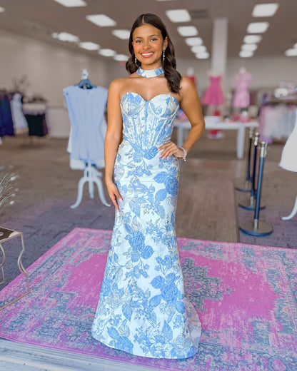 Mermaid Sweetheart Floral Print Prom Dresses Long Satin Corset Party Gowns for Women HE1370