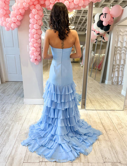 Mermaid Sweetheart Satin Chiffon Ruffled Long Prom Dresses for Women HE1466