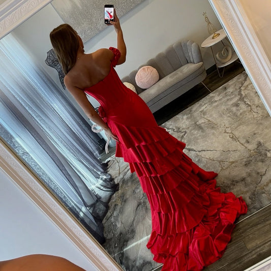Off Shoulder Mermaid Satin Tiered Prom Dresses Long Corset Red Evening Gowns with Slit HE1378