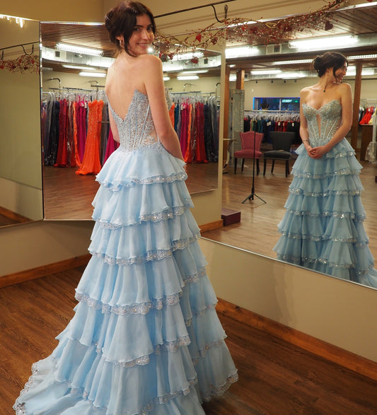 A Line Sweetheart Chiffon Lace Appliqued Tiered Prom Dresses Long for Women HE1471