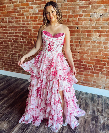 Women's Sweetheart Corset Chiffon Floral Print A Line Long Prom Dresses with Slit HE1478