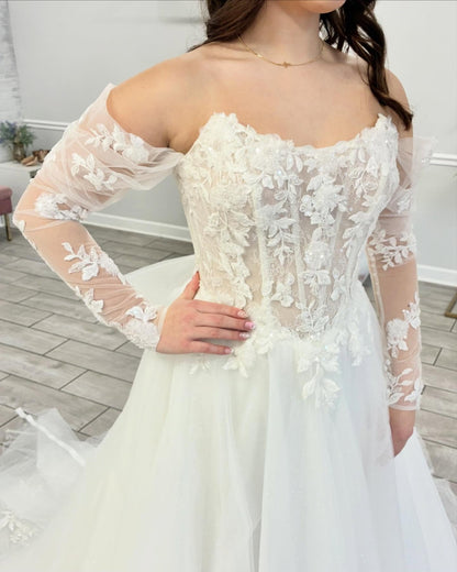 A Line Boho Wedding Dresses Tulle Lace Appliqued Long Sleeves Bridal Wedding Gown HE1437