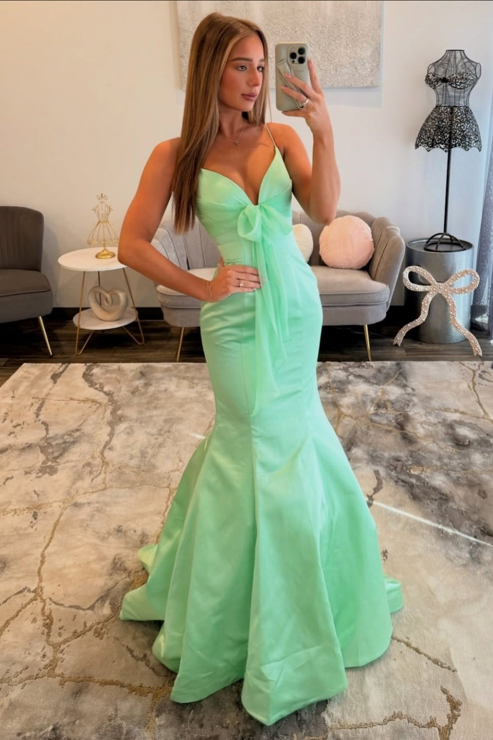 Satin V Neck Mermaid Long Prom Dresses Pleated Spaghetti Straps Evening Gowns HE1371