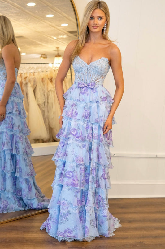 Strapless Chiffon Floral Print A Line Tiered Prom Evening Dresses Long for Women HE1472