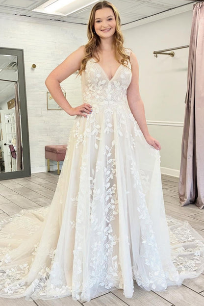 Elegant A Line Beach Tulle Wedding Dresses for Bride Lace Embroidery Wedding Gowns HE1433